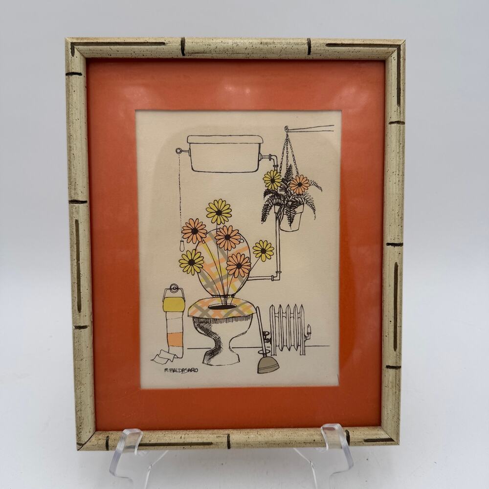 Vtg 1970s M. Baldasaro Bathroom Scene Print Flowers Toilet Bamboo Frame Signed